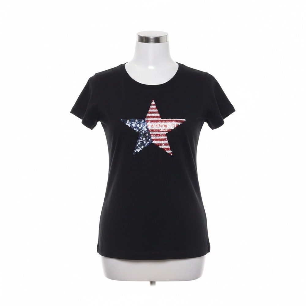 IN Focus Shirt USA Flag Sequin Star Black Short Sleeve Tee‎ Patriotic Festival
